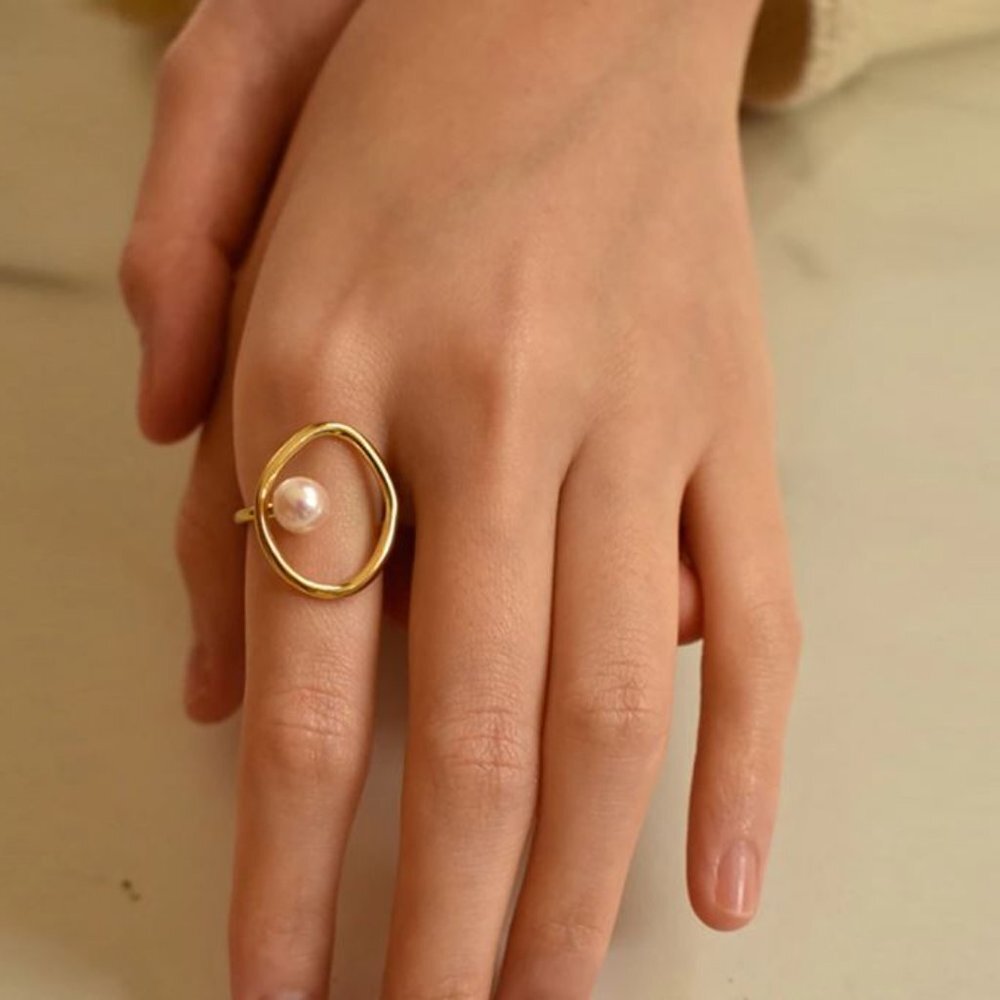 925 Sterling Silver Vintage Pearl Open Ring (Gold) - Picture 3 of 4
